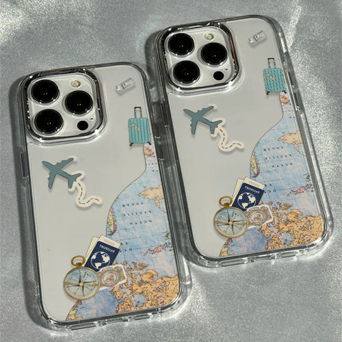 Phone Case - 1pc Airplane Globe Travel Map Compass Collage Trendy Brand Pattern Metal Frame Transparent Phone Case Full-Body TPU Suitable for Iphone 17 16 15 14 13 12 11 Pro Max X XS XR 8 7 Plus